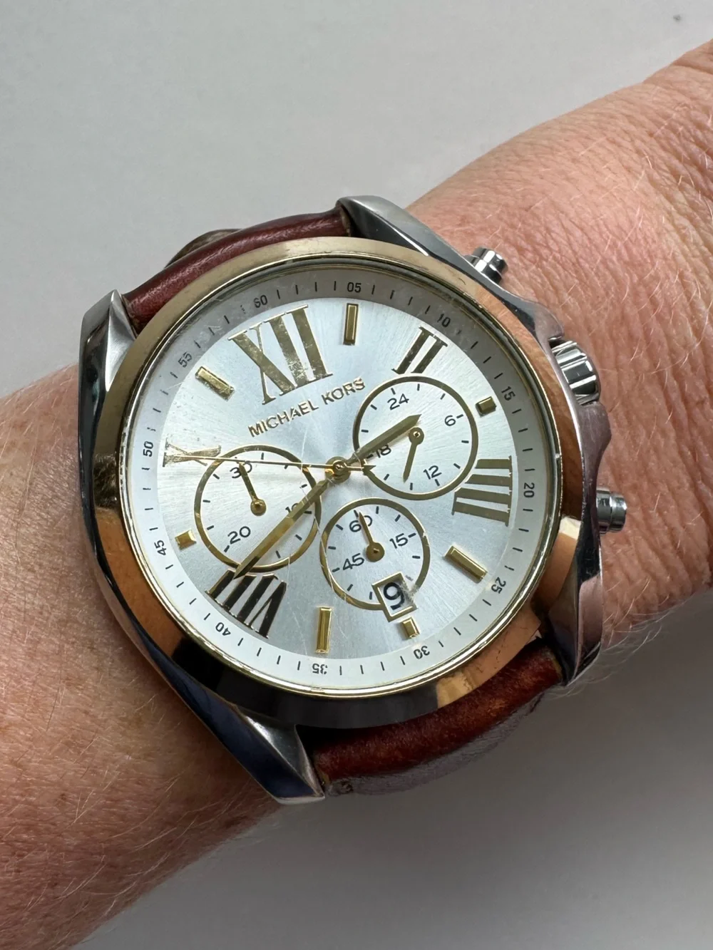 Michael Kors Two-Tone Silver and Gold Chronograph Watch with Brown Leather Strap